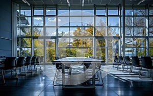 High level meeting of excutive room is decorated with stylish table and chairs around.