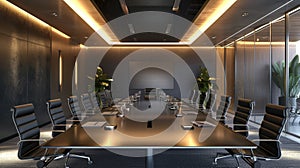 High level meeting of excutive room is decorated with stylish table and chairs around
