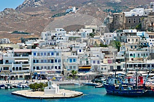 View of Naxos Town and White Church in Harbour, Greek Island, Greece