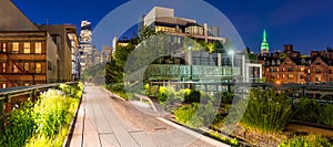 The High Line at twilight, panoramic view. Chelsea. Manhattan, New York City