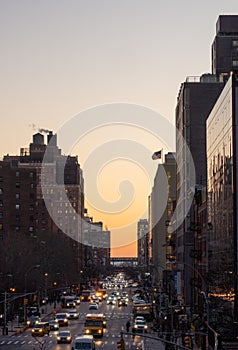 The High Line Walkway in New York, view at the city roads during sunset time, New York city, NY, USA