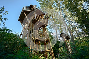High lookout tower in the forest