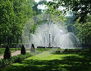 Petergof, Saint peterburg, Russia - JUNE 12, 2013: High round lush white fountain in the park of Petergof.