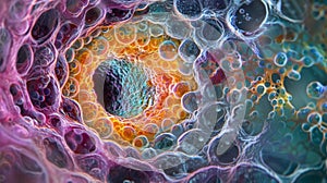 A high magnification image of a fertilized egg cell showing the fusion of the and egg nuclei in the center surrounded by