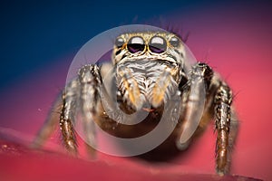 High magnification macro closeup of beautiful Evarcha arcuata jumping spider