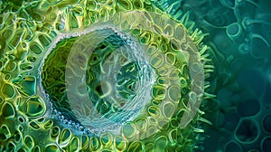 A high magnification view of a single cyanobacteria cell with its distinct cuplike shape and internal structures visible