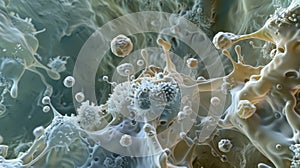 A high magnification view of a white cell releasing cytokines to communicate with other immune cells and coordinate an