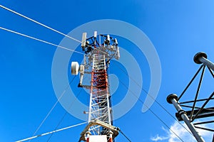 High mast metal structure telecommunication on tower with blue s