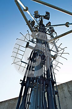 High mast metal structure telecommunication on tower with blue sky