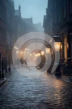 High Middle Ages town street. foggy night lit by street lights.