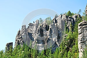 High and mighty sandstone rock towers in Adrspach