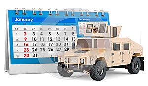 High Mobility Multipurpose Wheeled Vehicle with desk calendar, 3D rendering
