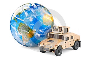 High Mobility Multipurpose Wheeled Vehicle with Earth Globe, 3D rendering