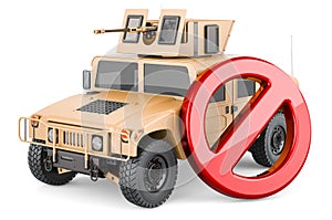 High Mobility Multipurpose Wheeled Vehicle with forbidden symbol, 3D rendering