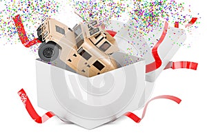 High Mobility Multipurpose Wheeled Vehicle inside gift box, 3D rendering