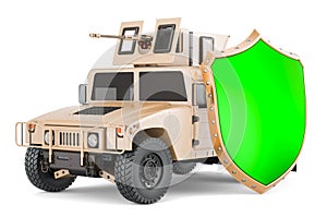 High Mobility Multipurpose Wheeled Vehicle with shield, 3D rendering