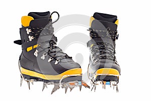 High mountain boots with crampons