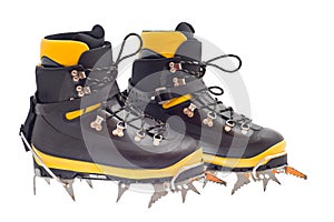 High mountain boots with crampons