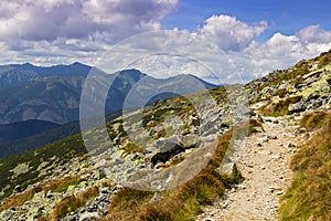 High mountain hiking trail on a mountain slope. Krivan, High Tat