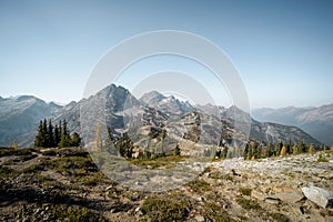 High mountain peak and range at the top of maple pass hike in north cascades national park in norther washington state unites