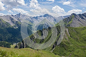 High mountain peaks of Switzerland with the town of Samnaun in the background.