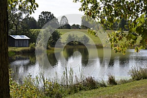 The high mountain pond is surrounded by pastures of green grass and horses