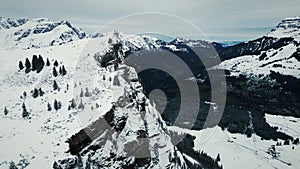 High mountain summit covered with fresh snow in Swiss Alps.Panorama of mountains