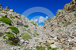 High mountain in Tian Shan, glacier and rocky peaks in Ala Archa