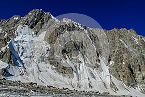 High mountain in Tian Shan, glacier and rocky peaks in Ala Archa