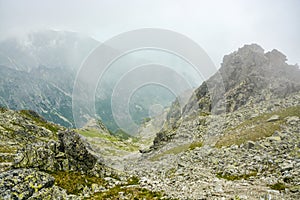 High mountain trail towards Slavkovsky peak in High Tatras mountain in Slovakia