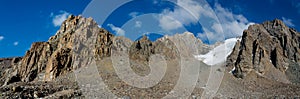 High mountain wall of Tian Shan peaks in Ala Archa panorama landscape