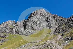 High mountain wall of Tian Shan peaks in Tuyuk Su panorama landscape