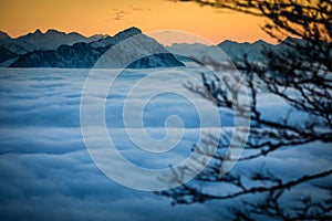 High mountains with fog and lovely evening light