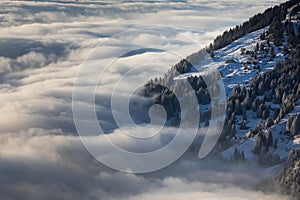 High mountains with fog and lovely evening light