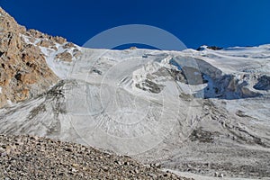 High mountains of Pamir, glacier snow and ice in highlands