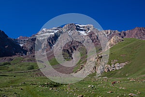 High mountains of Pamir, glacier snow and ice in highlands