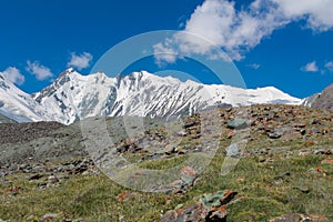 High mountains of Pamir, glacier snow and ice in highlands