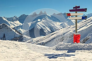 High mountains and signboard in the Alps,Les Sybelles,France