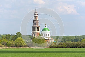 High old bell tower and Church in the Ryazan region of Russia, the village of Perevles