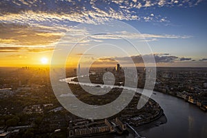 High panoramic sunset view of the urban skyline of London