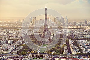 High panoramic view of the Eiffel Tower with Defense Business Center in the background