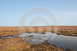 High pennine moorland on midgley moor in calderdale with a small pond reflecting the sky surrounded by cut bracken and a standing