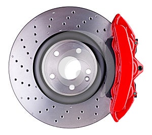 high-performance car disc brake system showcasing a ventilated rotor and a bright red caliper, designed for enhanced stopping