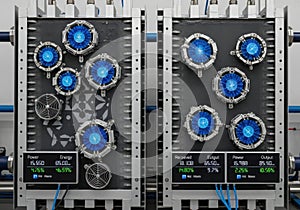 High-performance computing servers with advanced cooling systems and digital displays