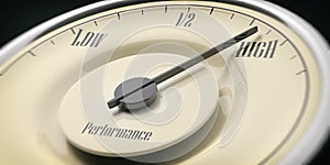 High performance concept. Vintage car gauge closeup detail, black background. 3d illustration