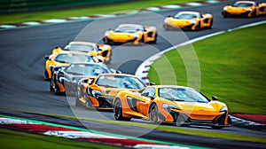 High performance race cars expertly maneuvering sharp turns on challenging track photo