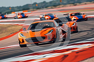 High performance race cars skillfully navigating sharp turn on challenging racetrack photo