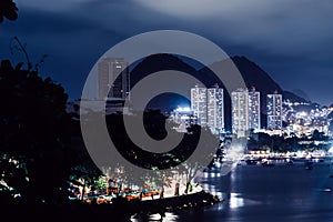 High perspective view of Urca and Botafogo Bay in Rio de Janeiro, Brazil at night