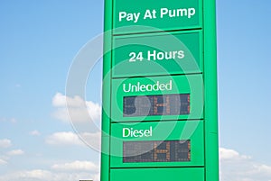 High petrol and diesel prices at a gas station