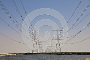 High Power Electric transmission grid lines in the desert.Dammam -Saudi Arabia